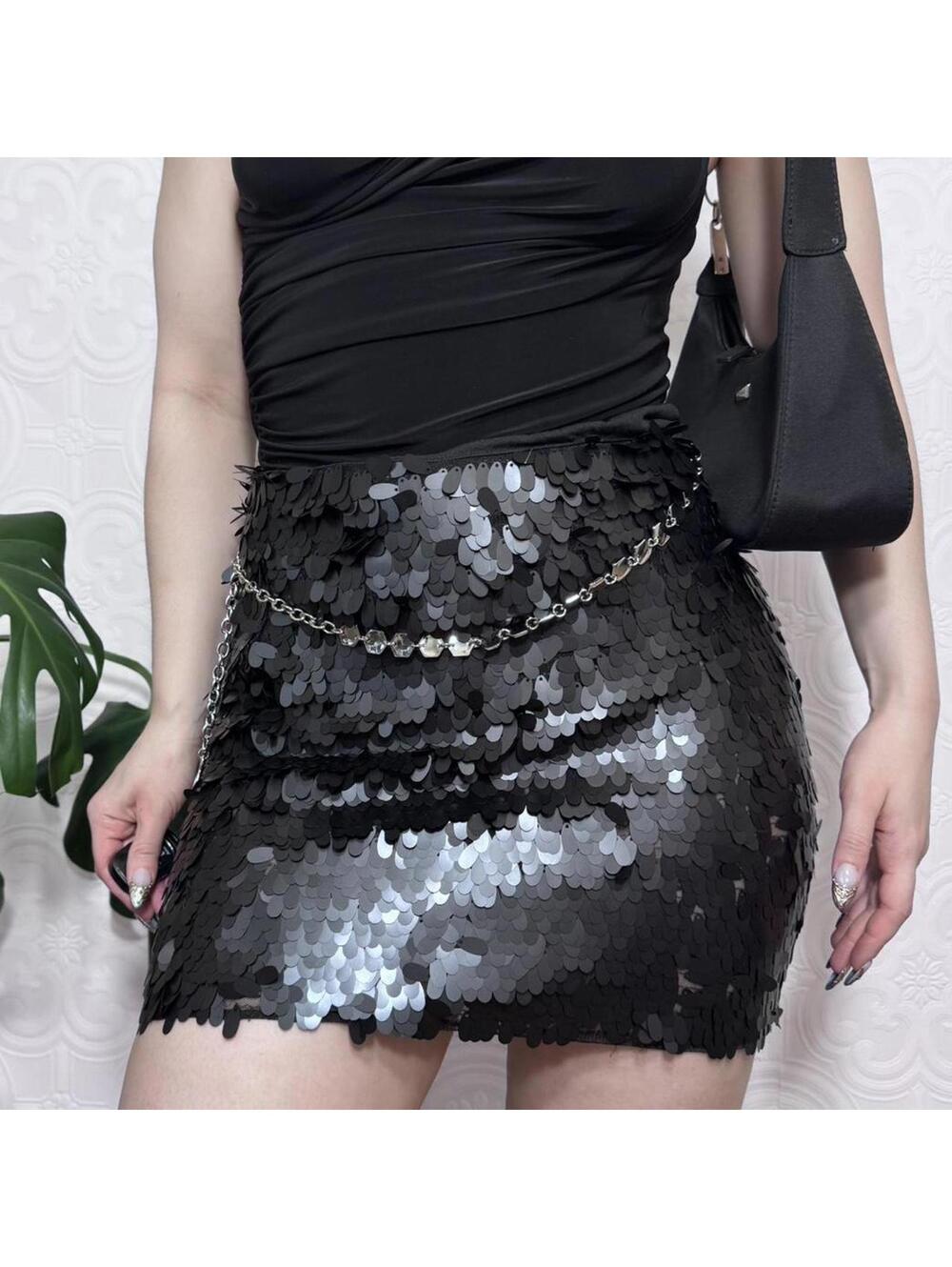 Better B Black Sequin Mini Skirt Womens Large Fits Medium Party Club Indie